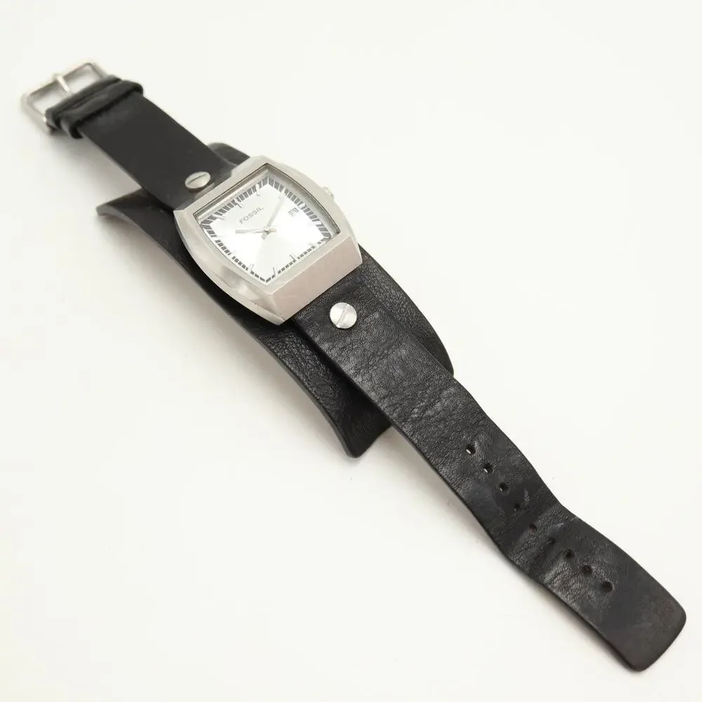 Vintage Fossil Y2k Silver Tone 38mm Date Watch Black Leather Bund w New Battery